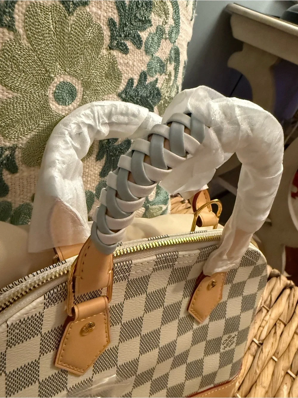 L V  White Checkered Top-Handle Bag with Braided Handle
